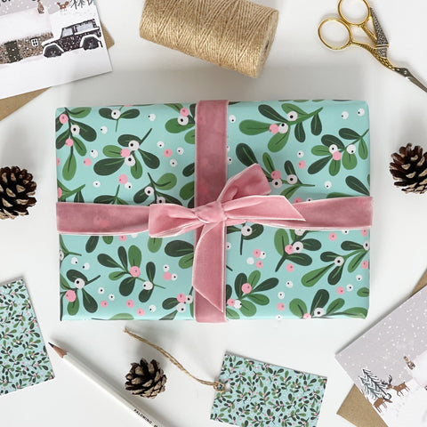 Christmas AQUA Mistletoe Gift Wrap & Tags - 1 sheet & 1 tag - Lomond Paper Co - Made Scotland