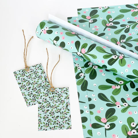 Christmas AQUA Mistletoe Gift Wrap & Tags - 1 sheet & 1 tag - Lomond Paper Co - Made Scotland