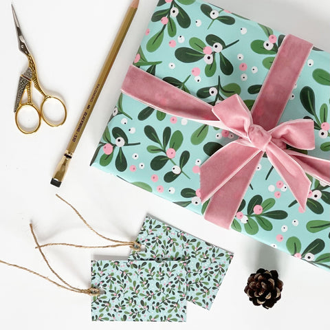 Christmas AQUA Mistletoe Gift Wrap & Tags - 1 sheet & 1 tag - Lomond Paper Co - Made Scotland