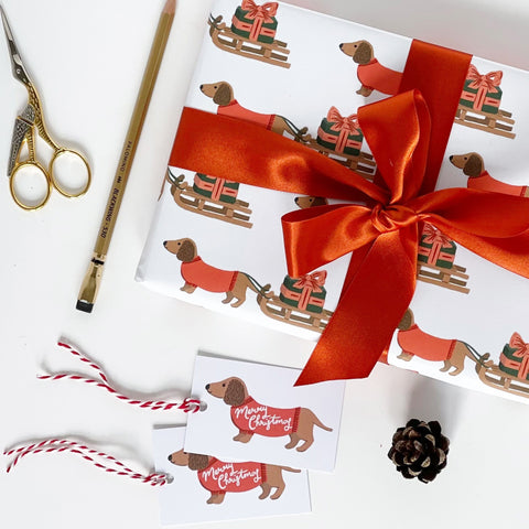 Christmas Dachshund and Sledge Gift Wrap & Tags - 1 sheet & 1 tag - Lomond Paper Co - Made Scotland