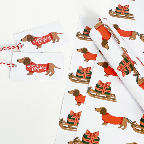 Christmas Dachshund and Sledge Gift Wrap & Tags - 1 sheet & 1 tag - Lomond Paper Co - Made Scotland