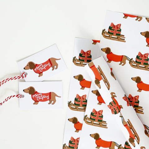 Christmas Dachshund and Sledge Gift Wrap & Tags - 1 sheet & 1 tag - Lomond Paper Co - Made Scotland