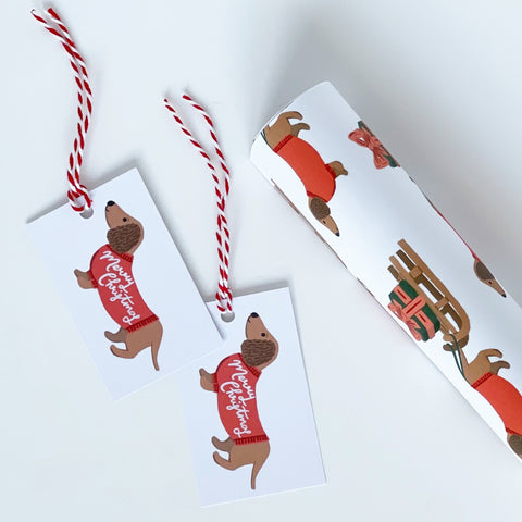 Christmas Dachshund and Sledge Gift Wrap & Tags - 1 sheet & 1 tag - Lomond Paper Co - Made Scotland