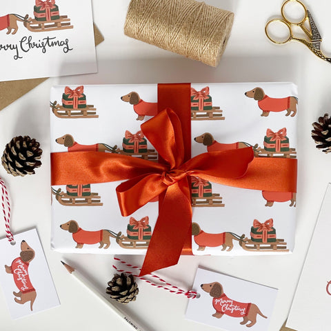 Christmas Dachshund and Sledge Gift Wrap & Tags - 1 sheet & 1 tag - Lomond Paper Co - Made Scotland