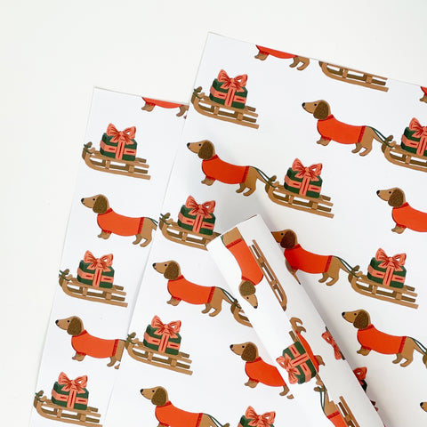 Christmas Dachshund and Sledge Gift Wrap & Tags - 1 sheet & 1 tag - Lomond Paper Co - Made Scotland