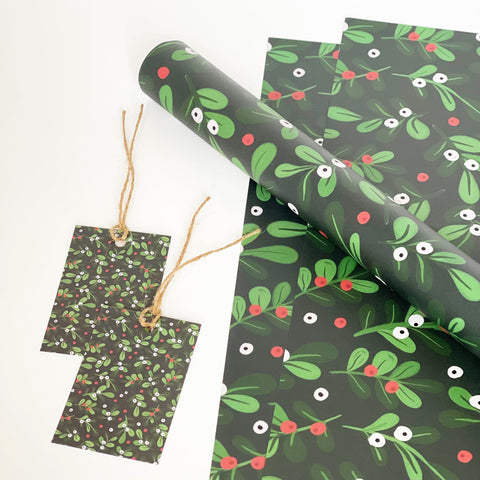 Christmas GREEN Mistletoe Gift Wrap - 1 sheet & 1 tag - Lomond Paper Co - Made Scotland