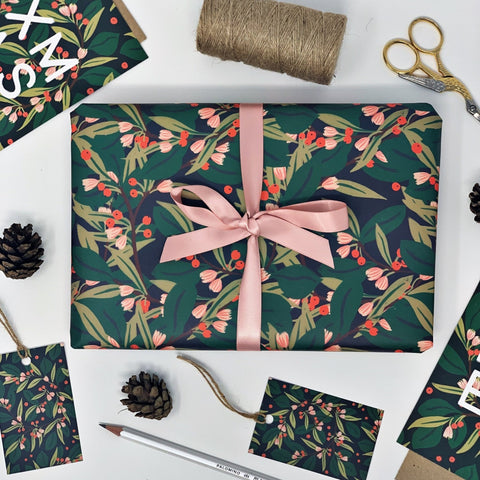Christmas Greenery DEEP GREEN Gift Wrap & Tags - 1 sheet & 1 tag - Lomond Paper Co - Made Scotland