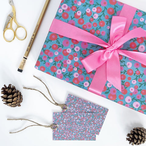 Christmas Red & Pink Berries Recyclable Wrapping Paper Set - AQUA Eco Friendly Gift Wrap and Tags - 1 sheet & 1 tag - Lomond Paper Co - Made Scotland