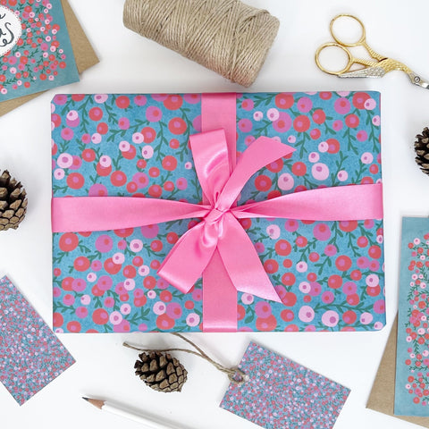 Christmas Red & Pink Berries Recyclable Wrapping Paper Set - AQUA Eco Friendly Gift Wrap and Tags - 1 sheet & 1 tag - Lomond Paper Co - Made Scotland