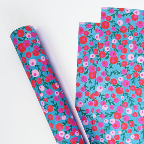 Christmas Red & Pink Berries Recyclable Wrapping Paper Set - AQUA Eco Friendly Gift Wrap and Tags - 1 sheet & 1 tag - Lomond Paper Co - Made Scotland