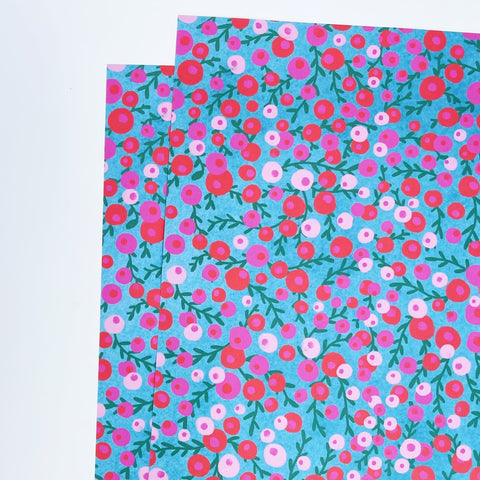 Christmas Red & Pink Berries Recyclable Wrapping Paper Set - AQUA Eco Friendly Gift Wrap and Tags - 1 sheet & 1 tag - Lomond Paper Co - Made Scotland
