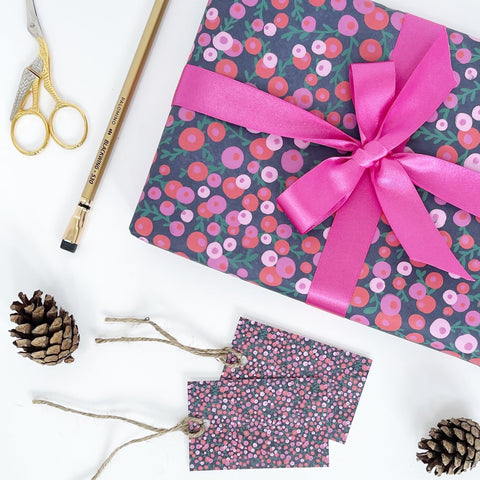 Christmas Red & Pink Berries Recyclable Wrapping Paper Set - MIDNIGHT Eco Friendly Gift Wrap and Tags - 1 sheet & 1 tag - Lomond Paper Co - Made Scotland