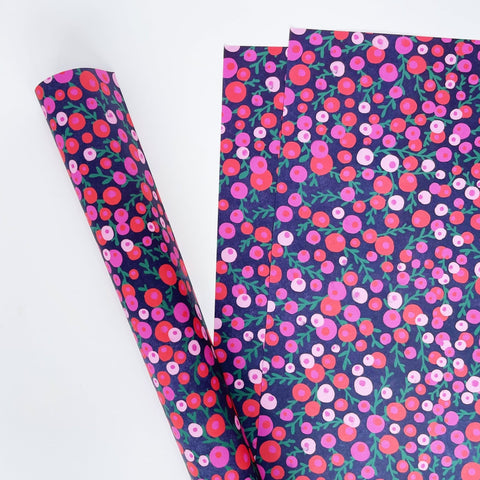 Christmas Red & Pink Berries Recyclable Wrapping Paper Set - MIDNIGHT Eco Friendly Gift Wrap and Tags - 1 sheet & 1 tag - Lomond Paper Co - Made Scotland
