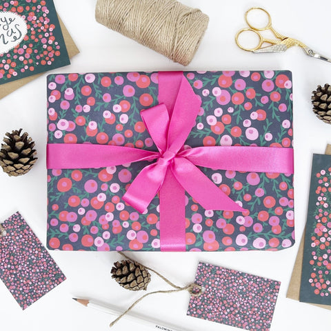 Christmas Red & Pink Berries Recyclable Wrapping Paper Set - MIDNIGHT Eco Friendly Gift Wrap and Tags - 1 sheet & 1 tag - Lomond Paper Co - Made Scotland