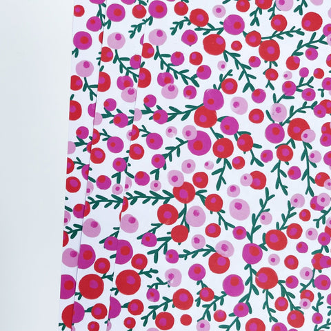 Christmas Red & Pink Berries Recyclable Wrapping Paper Set - WHITE Eco Friendly Gift Wrap and Tags - 1 sheet & 1 tag - Lomond Paper Co - Made Scotland