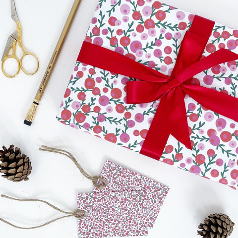 Christmas Red & Pink Berries Recyclable Wrapping Paper Set - WHITE Eco Friendly Gift Wrap and Tags - 1 sheet & 1 tag - Lomond Paper Co - Made Scotland