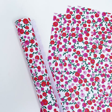 Christmas Red & Pink Berries Recyclable Wrapping Paper Set - WHITE Eco Friendly Gift Wrap and Tags - 1 sheet & 1 tag - Lomond Paper Co - Made Scotland