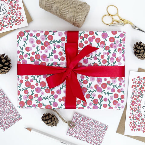 Christmas Red & Pink Berries Recyclable Wrapping Paper Set - WHITE Eco Friendly Gift Wrap and Tags - 1 sheet & 1 tag - Lomond Paper Co - Made Scotland