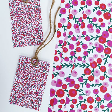 Christmas Red & Pink Berries Recyclable Wrapping Paper Set - WHITE Eco Friendly Gift Wrap and Tags - 1 sheet & 1 tag - Lomond Paper Co - Made Scotland