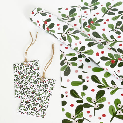 Christmas WHITE Mistletoe Gift Wrap & Tags - 1 sheet & 1 tag - Lomond Paper Co - Made Scotland