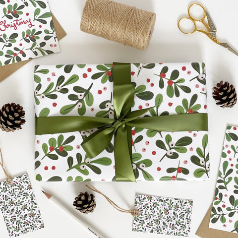 Christmas WHITE Mistletoe Gift Wrap & Tags - 1 sheet & 1 tag - Lomond Paper Co - Made Scotland