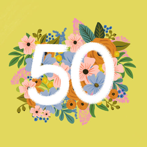 Colourful, Floral 50th Birthday Card - Lomond Paper Co - Made Scotland