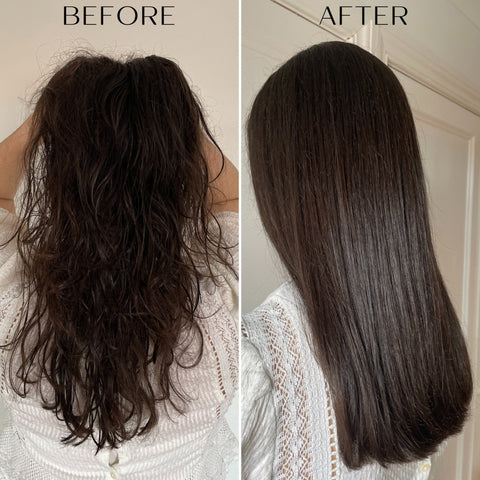 Before and after comparison of hair transformation from frizz to smooth after using our conditioner