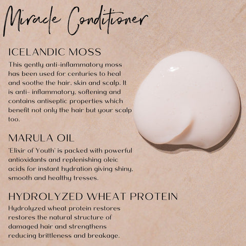 Product ingredient description with the conditioner cream on a beige background.