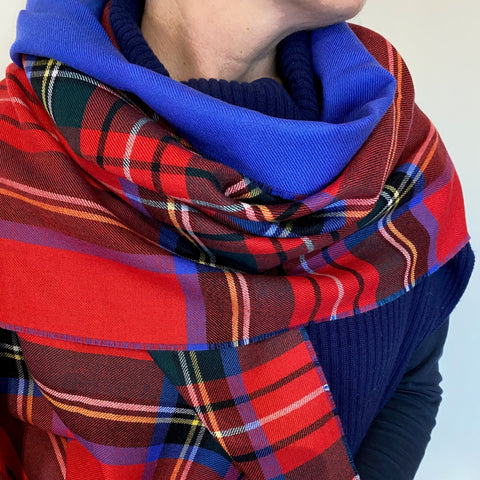 Fine Wool Double Sided Tartan Red & Blue Wrap - Red - Ava Innes - Made Scotland