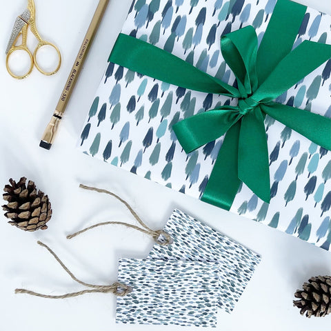 Forest Green Christmas Recyclable Wrapping Paper Set - AQUA Eco Friendly Gift Wrap and Tags - 1 sheet & 1 tag - Lomond Paper Co - Made Scotland