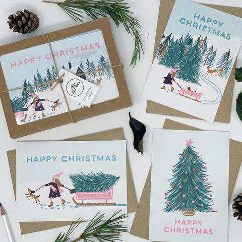 Girl Looking for Christmas Tree - Pack of 8 Cards - 3 Packs - Lomond Paper Co - Made Scotland