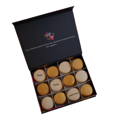 Golden (50th) Wedding Anniversary Gift Box - 12 - Mademoiselle Macaron - Made Scotland