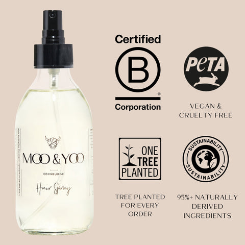 Moo & You hair spray bottle with certification logos on a beige background