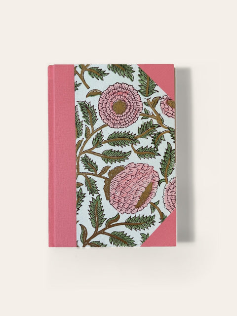 Hand-bound A5 Notebook, handcrafted in Scotland - Coral Pink Block-Print Floral – Blank - Sisu Stationery - Made Scotland