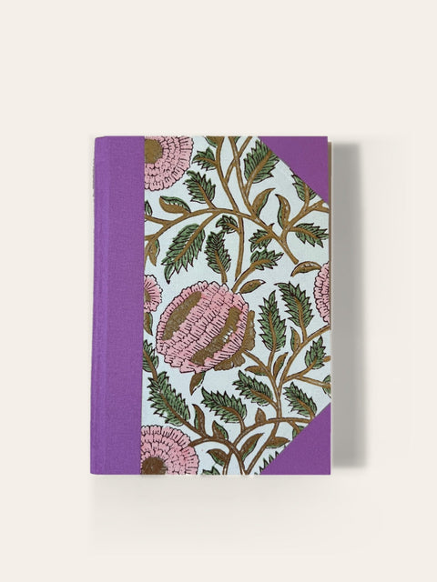 Hand-bound A5 Notebook, handcrafted in Scotland - Lilac Block-Print Floral – Ruled - Sisu Stationery - Made Scotland