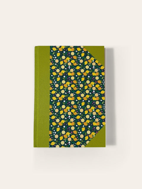 Hand-bound A5 Notebook, handcrafted in Scotland - Lime Green Lemons – Ruled - Sisu Stationery - Made Scotland