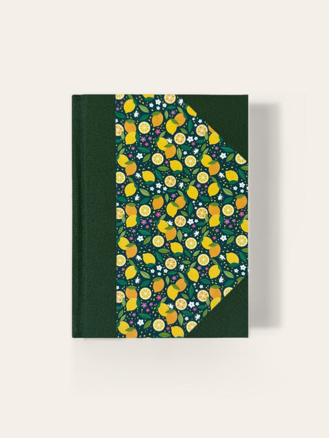 Hand-bound A6 Notebook, handcrafted in Scotland - Forest Green Lemons – Blank - Sisu Stationery - Made Scotland