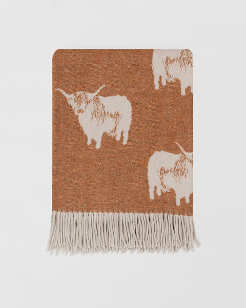 Highland Cow Woollen Blanket, Rust - Made Scotland - Made Scotland