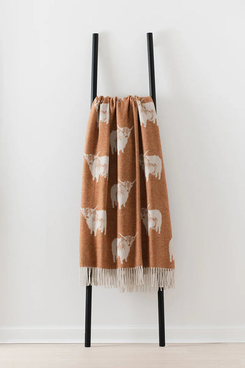 Highland Cow Woollen Blanket, Rust - Made Scotland - Made Scotland