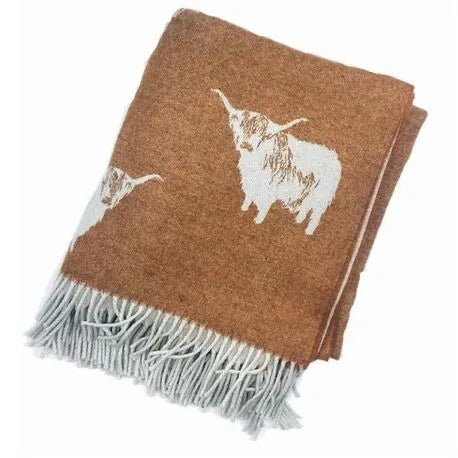 Highland Cow Woollen Blanket, Rust - Made Scotland - Made Scotland