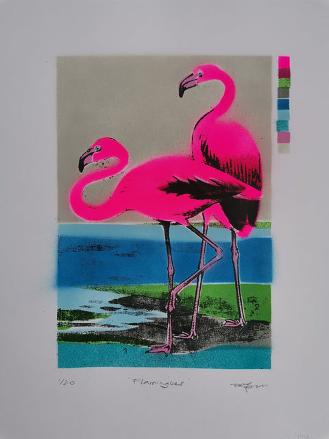 Bright Neon Flamingo Screenprint - Signed and editioned by artist Dylan Bell