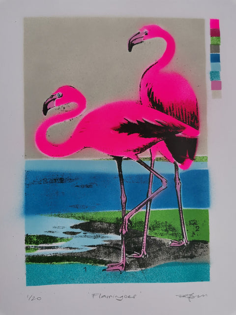 Bright Neon Flamingo Screenprint - Signed and editioned by artist Dylan Bell