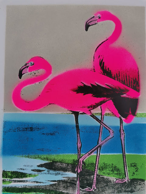 Bright Neon Flamingo Screenprint - Signed and editioned by artist Dylan Bell