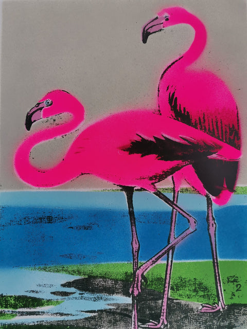 Bright Neon Flamingo Screenprint - Signed and editioned by artist Dylan Bell