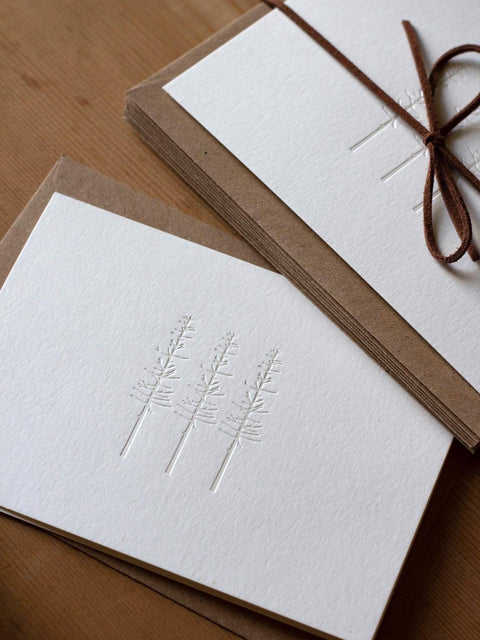 Letterpress Cards - Pearl Foil Notecards - Winter Trees - Pack of 8