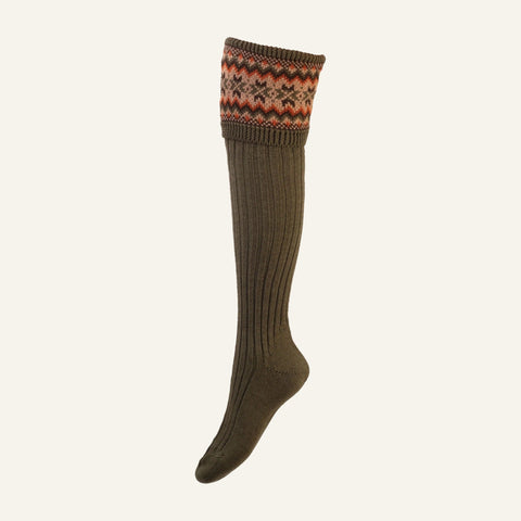 Lady Fair Isle Welly Sock in Dark Olive - Small 3.5 - 5.5 - House of Cheviot - Made Scotland