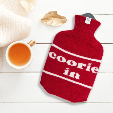 Lambswool Knit Coorie In Mini Sustainable Hot Water Bottle Red/Cream - Wairm - Made Scotland