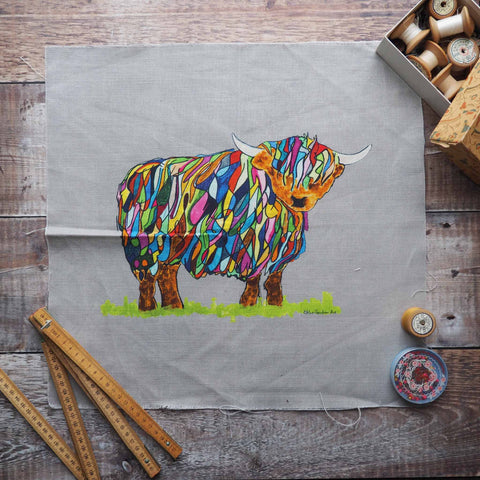 LINEN CUSHION /BAG PANEL - sew your own - BRIGHT HIGHLAND COW GREY - Chloe Gardner - Made Scotland