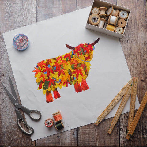 LINEN CUSHION /BAG PANEL - sew your own - LEAF HIGHLAND COW - Chloe Gardner - Made Scotland