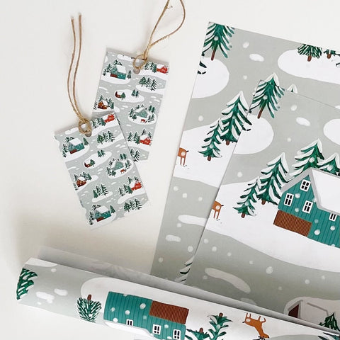 Little Log Cabins in the Snow Recyclable Wrapping Paper Set & Tags - 1 sheet & 1 tag - Lomond Paper Co - Made Scotland